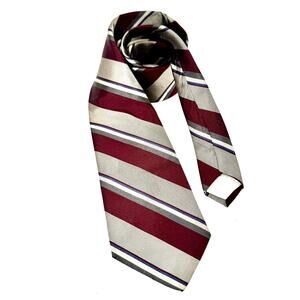 Christian Dior Mens Silk Necktie Burgundy Silver Navy Blue Diagonal Striped Tie